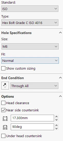 SolidWorks hole wizard tool